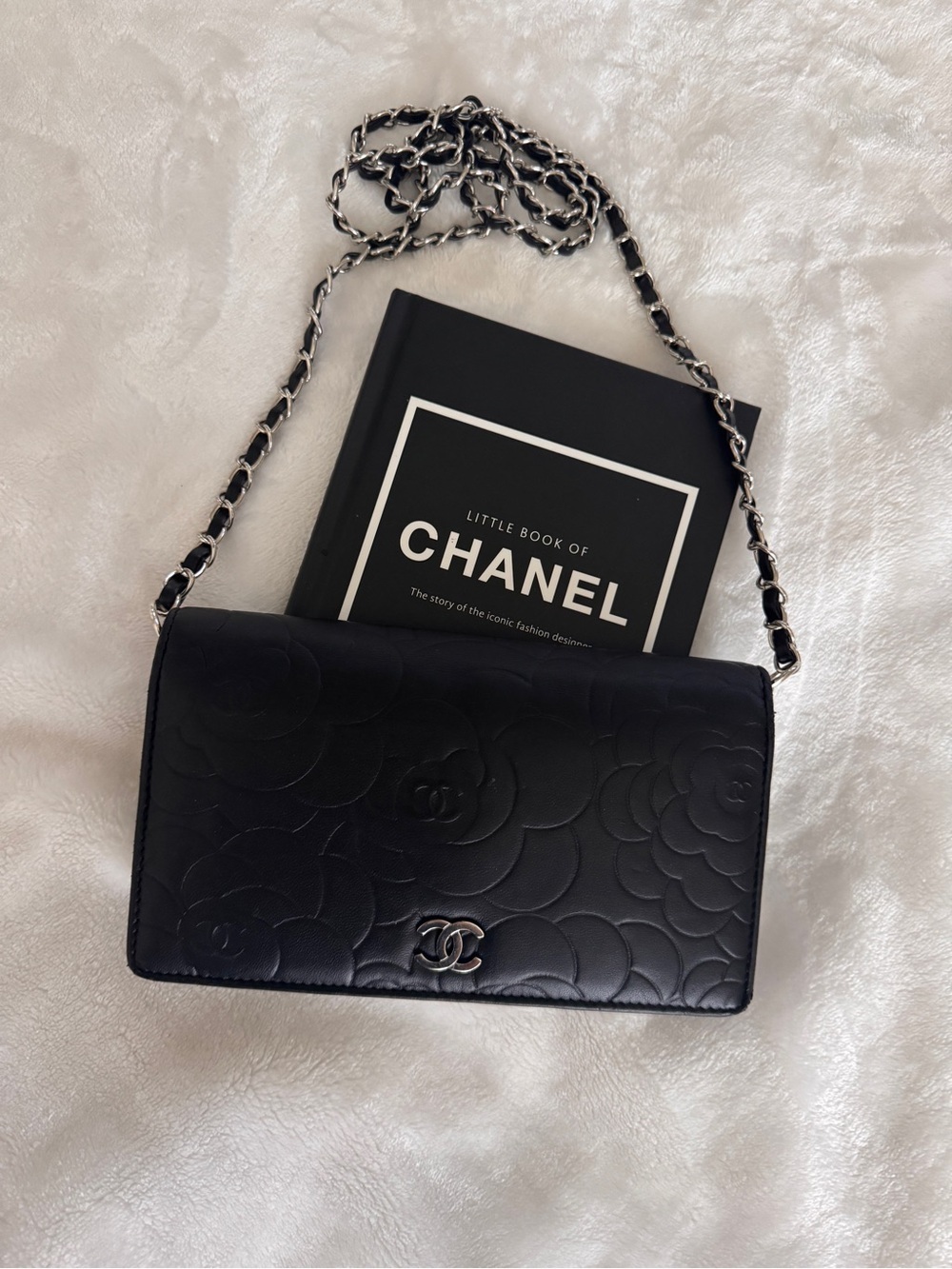 Authentic Chanel Black Camellia Quilted Leather Chain Wallet